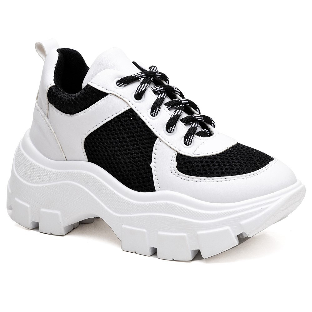 Tênis Sneaker Tratorado Chuncky Branco e Preto em Oferta na Shopee