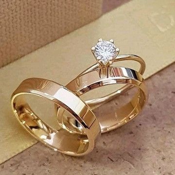 Alianças de Casamento Noivado Chanfradas Banhadas Ouro 18K + Anel Solitario - Oferta Shoppe