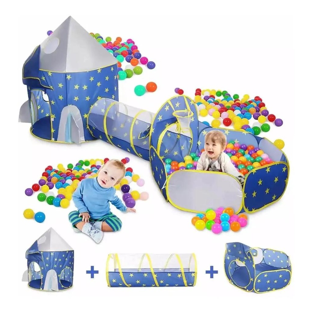 Barraca Tenda Infantil Túnel 3x1 Com Piscina Para Bolinhas Astronautas Cesta Basquete Brinquedo