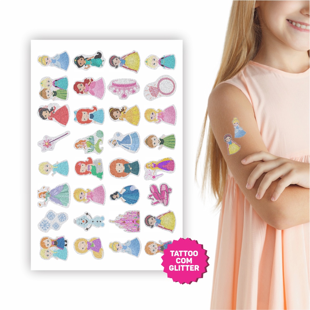 Tatuagem Temporária Infantil Com Glitter | Kit Festa 32 | Princesas em Oferta na Shopee