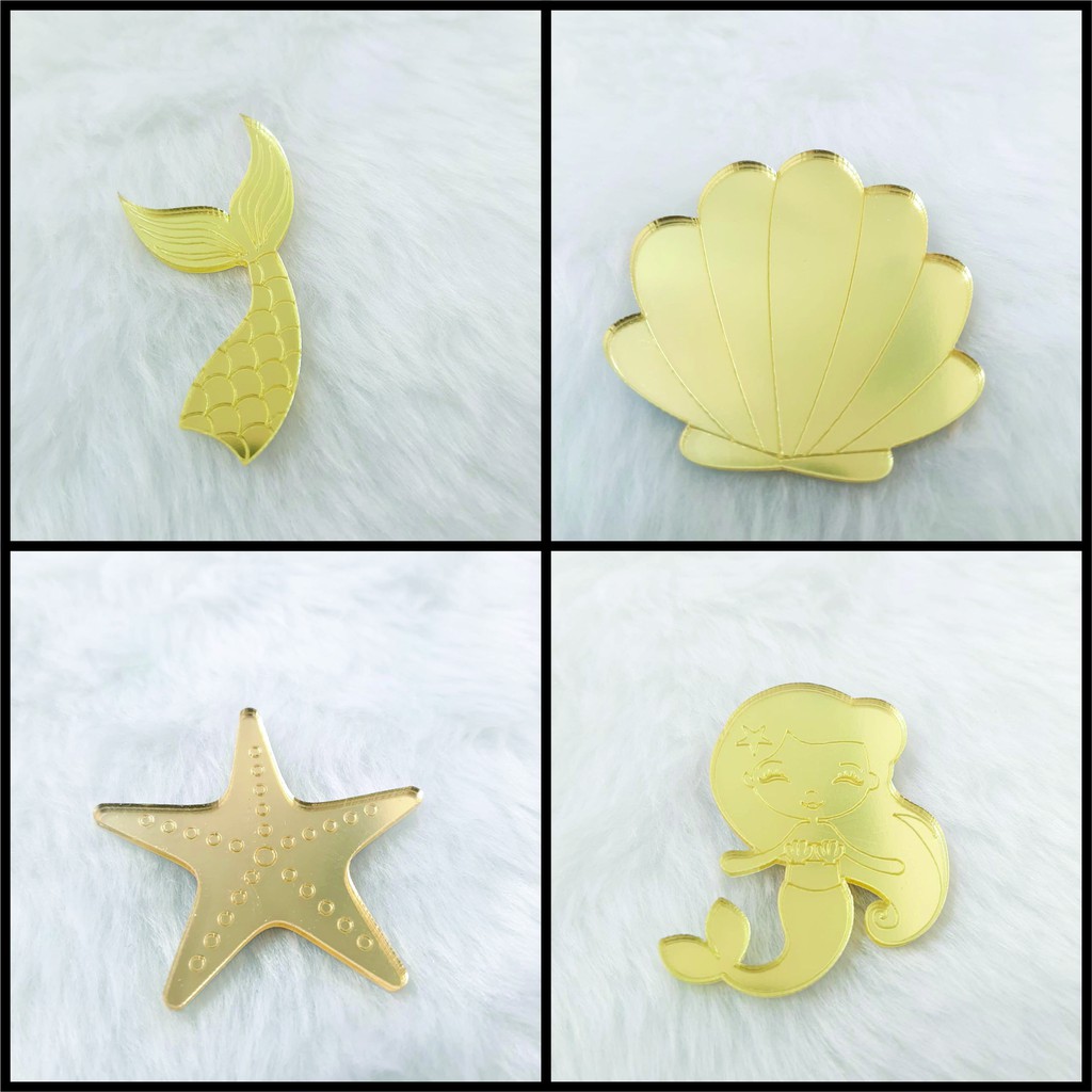 Aplique em acrílico espelhado dourado , fundo do mar, Concha,Estrela,Calda e Sereia , 20 peças