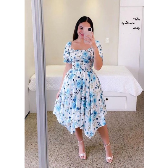 Vestido Estampado Feminino Lastex Manga Bufante Princesa Borboleta Floral Moda Evangélica — imagem 2 de 2