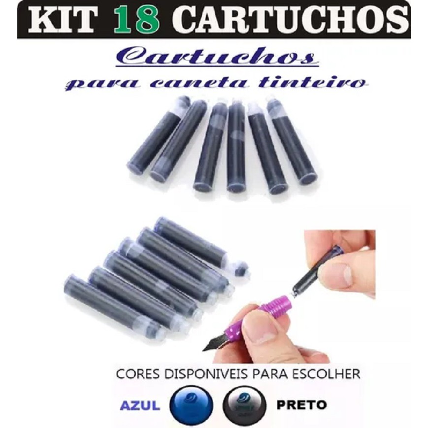 Kit 18 Cartuchos Tinta Carga Caneta Tinteiro - Azul E Preto