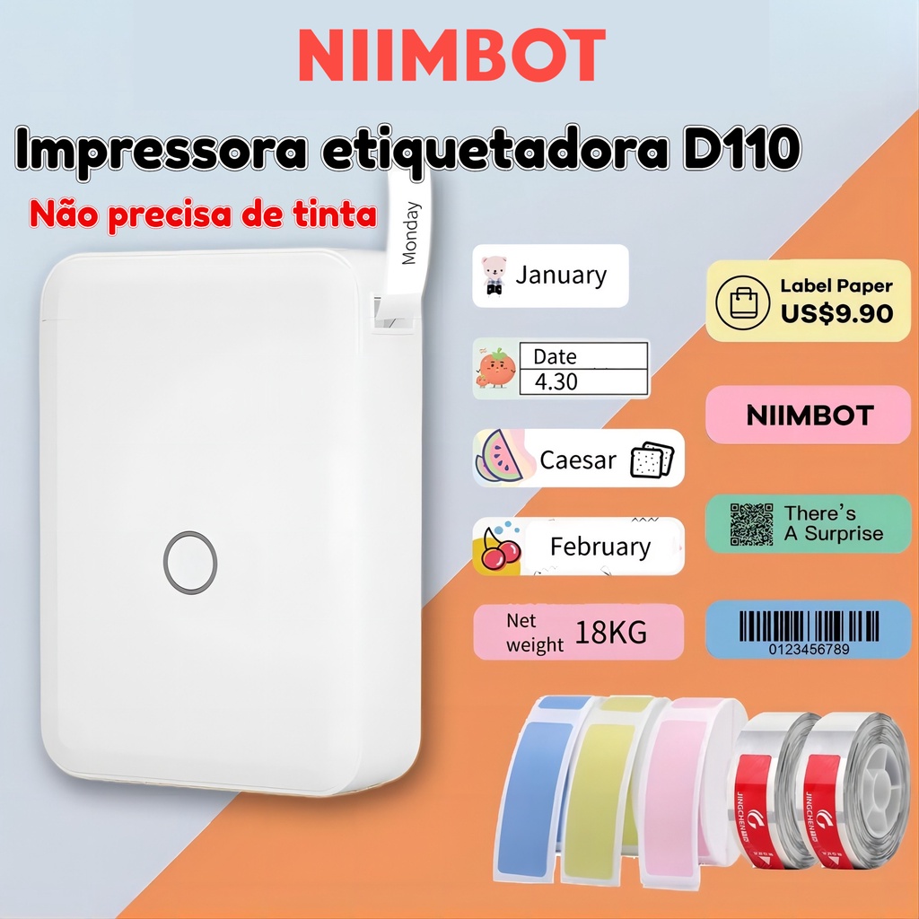 Impressora De Etiquetas Niimbot D110 Bluetooth Sem Tinta Térmica