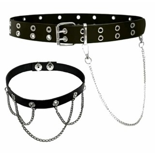 Kit Cinto Punk Rock Metal Ilhós Duplo Com Corrente + Gargantilha Choker Punk Rock