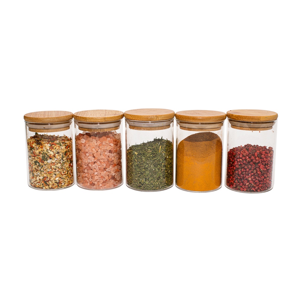 Jogo De 5 Potes Herméticos De Vidro Tampa De Bambu - 250 Ml - Home & Living