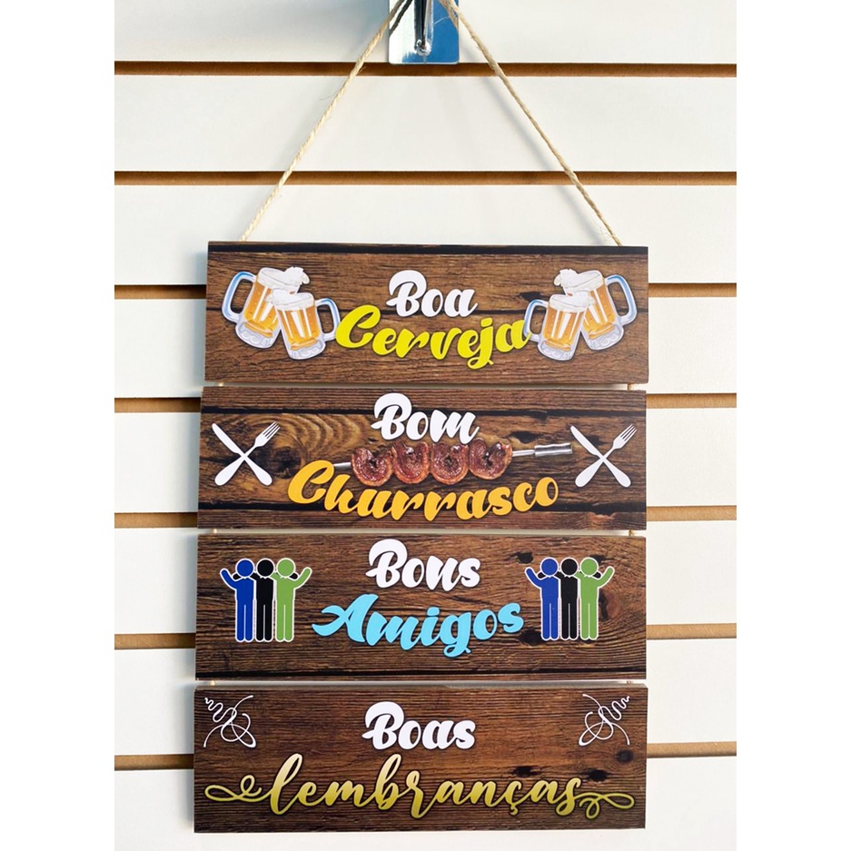 Quadro Corda 4 Placas Decorativas Madeira Frases Cantinho Do Churrasco