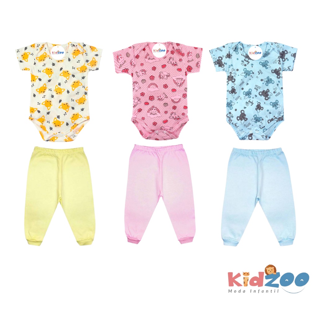 Kit 2 Peças Body Estampado MC e Mijão S/ Pé - Enxoval Barato - Sortido