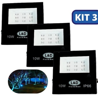 Kit 3 Refletor Led 10w Holofote Bivolt Slim Resistente Agua Azul IP66
