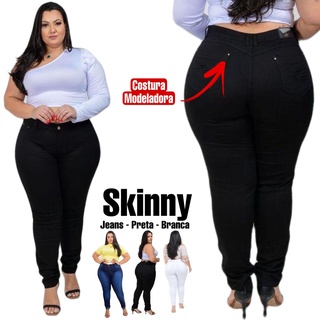 Calça Jeans Plus Size C/ Lycra Preta Cintura Alta Modeladora