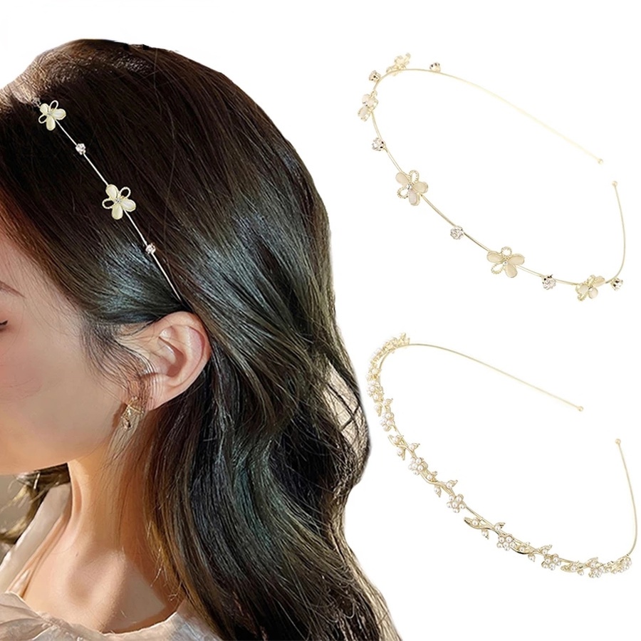 Coreano Metal Pérola Strass Bandana Flor Cristal Feminino Ouro Fino Faixa De Cabelo Meninas Acessórios Para O