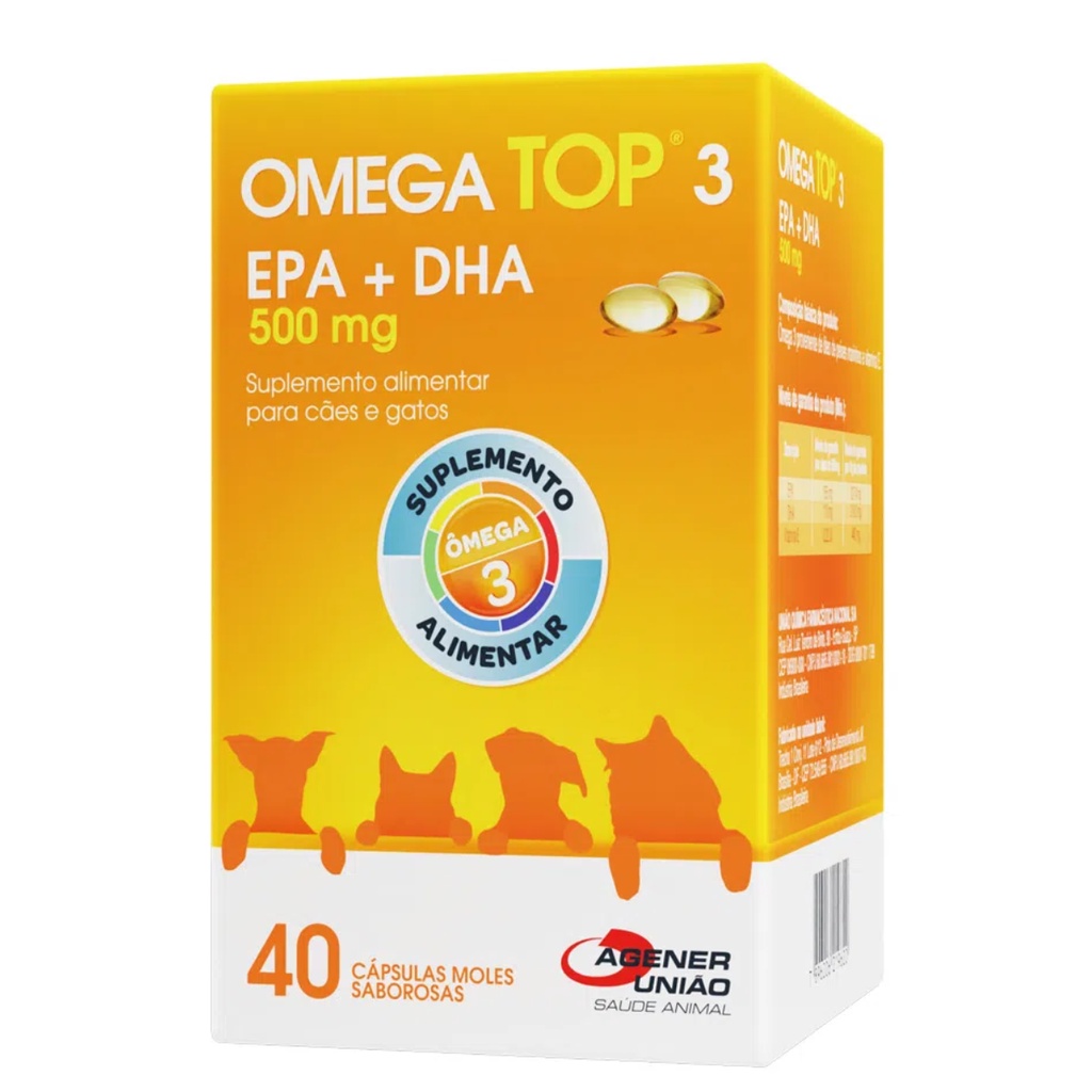 Omega Top 3 Suplemento 40 Cápsulas Cães e Gatos 500mg Agener