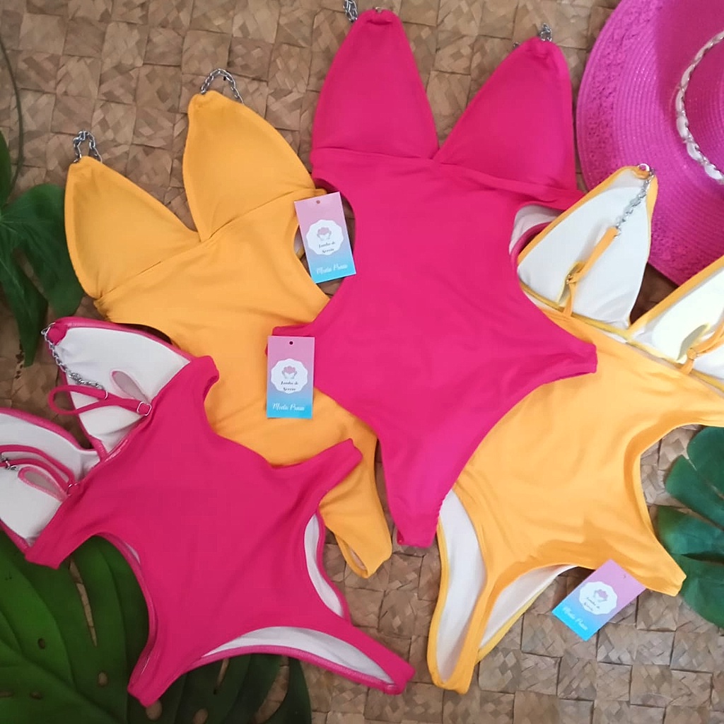 Maiô Fio dental Decote Engana mamãe com bojo alça   corrente correntinha regulável pink amarelo Body