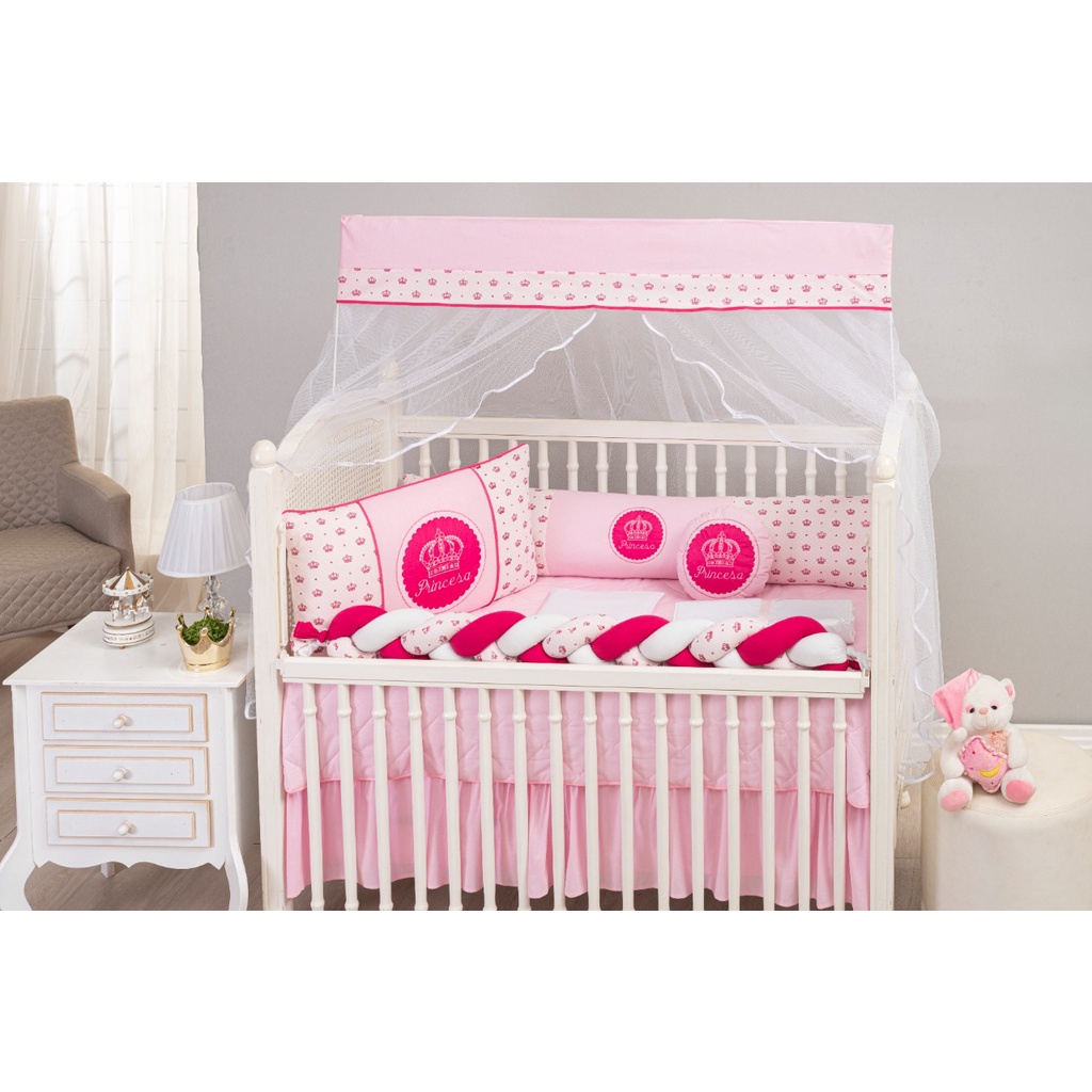 Kit protetor de berço sublimado trança 9 peças + saia de brinde - Coroas Duque Menina e Menino
