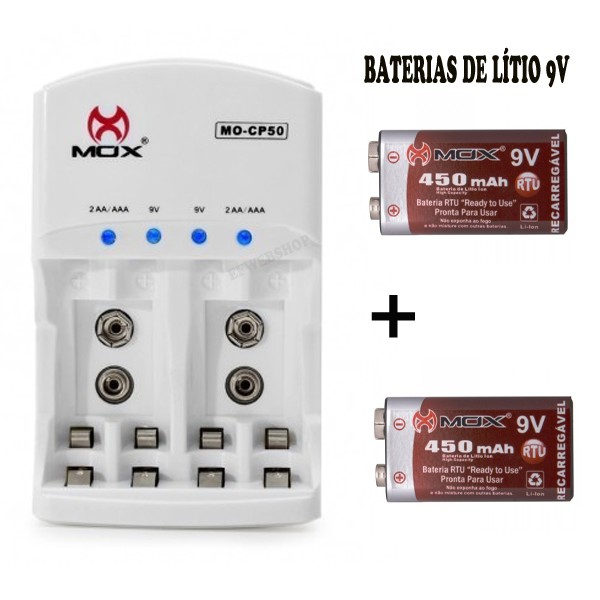 Carregador Pilha Mox Com 2 Baterias Recarregáveis 450mAh 9v Potente Microfone Violão MO-9V450 NF