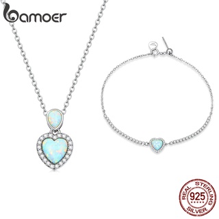 Bamoer Conjunto De Joias De Prata Esterlina 925 Colar E Pulseira Padrão De Coração Opala Para Mulheres Presentes Meninas
