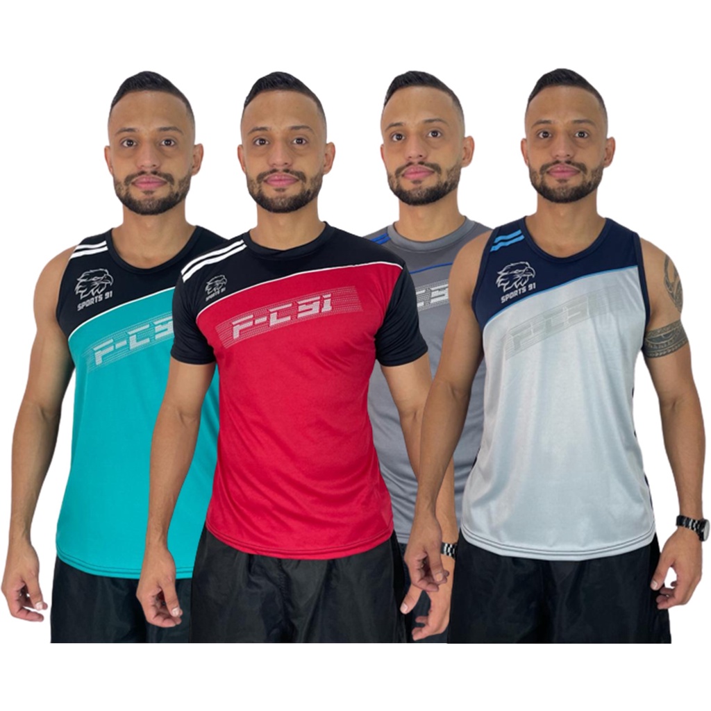 Kit Esportivo Promcional 1 Regata 1 Manga Curta Masculina Camisetas Fit Para Academia Caminhada 100% Poliester