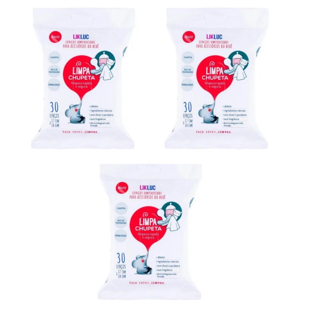 KIT 3 Limpa Chupeta Bico Lenços Higienizadores umedecido Likluc Bebê Infantil Portátil Premium