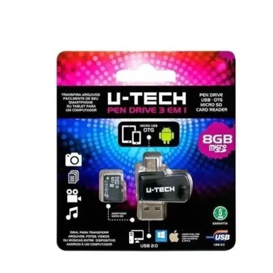 Kit 3 Em 1 Pendrive + Adaptador Sd + Cartão De Memória 8gb