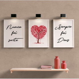Kit Quadros Decorativos Mosaico 3 Peças Trio Frase Nunca Foi Sorte Sempre Foi Deus Religioso Salmo Árvore da Vida