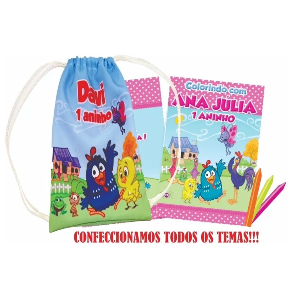 25 Mochilinhas Sacolinhas + 25 Revistinhas de colorir + 25 Caixinha de giz De Cera Grátis todos os temas