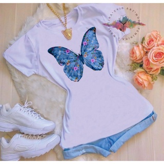 Blusa Tshirt Feminina Camiseta Borboleta Blue Floral Tumblr Moda