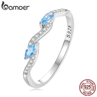 Bamoer Anel De Prata 925 Com Zircônio Azul Elegante