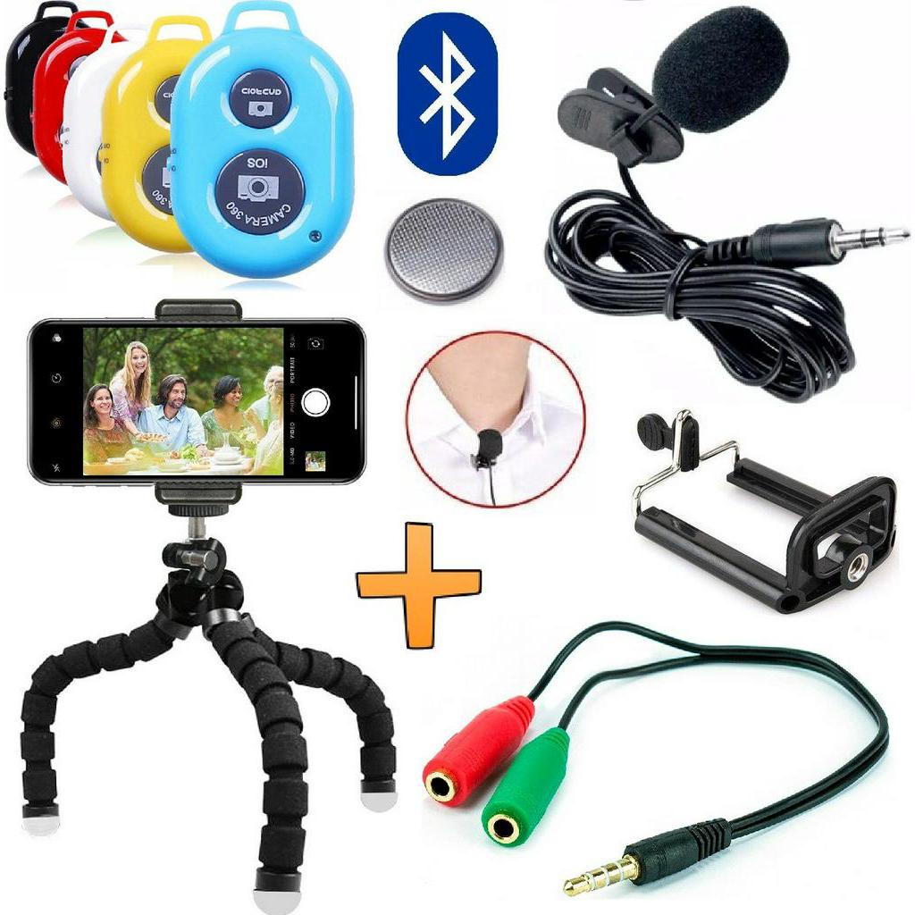 Kit Youtuber Tripé Para Celular Universal Microfone de Lapela + Controle Bluetooth Foto Vídeo