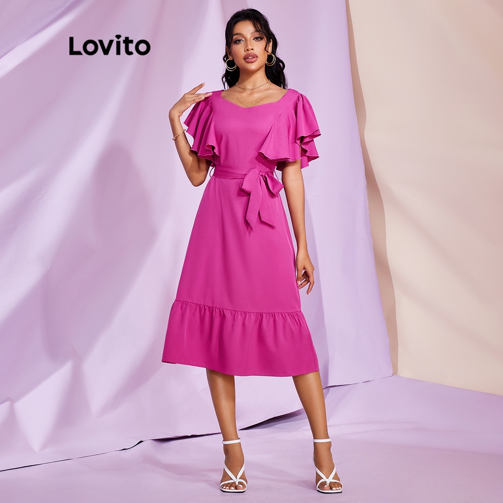 (Lovito Exclusive) Vestido de STIPPLING WORLD Elegante Liso Manga Borboleta Com Cinto E Bainha de Folhos L28LE009 (Rosa Choque)