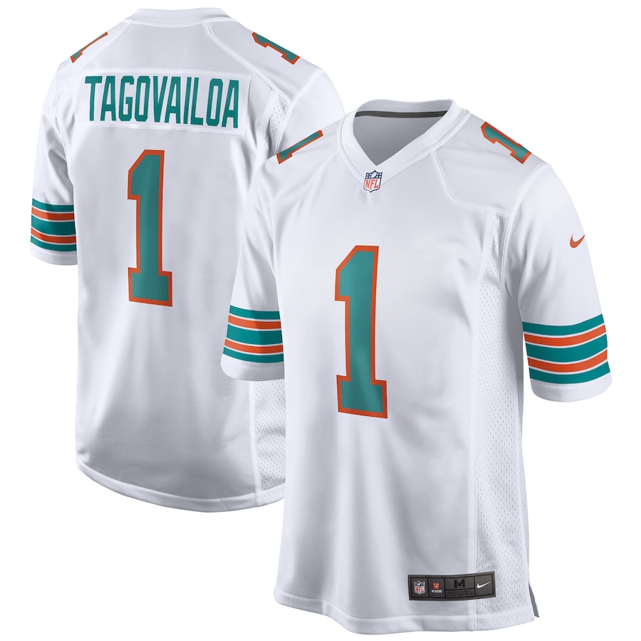 Tua Tagovailoa Miami Dolphins Autographed White Throwback Nike Limited  Jersey with Fins Up! Inscription