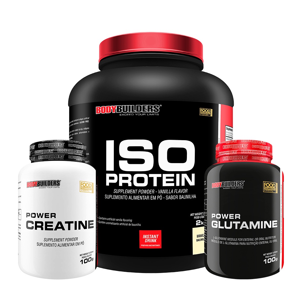 KIT Whey Protein Iso Protein 2kg + Power Creatina 100g + Power Glutamina 100g - Bodybuilders Suplemento para Definição e Força