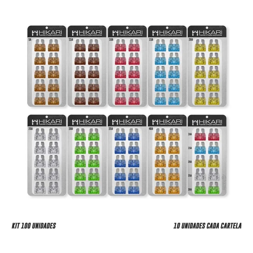 Kit Fusivel De Lamina 05a 7,5a 10a 15a 20a 25a 30a 35a 40a Kit 100 Peças