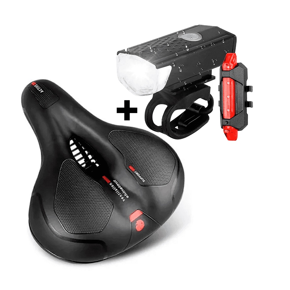 Banco Selim 2 Molas + Farol Bike e Luz Traseira USB Recarregável