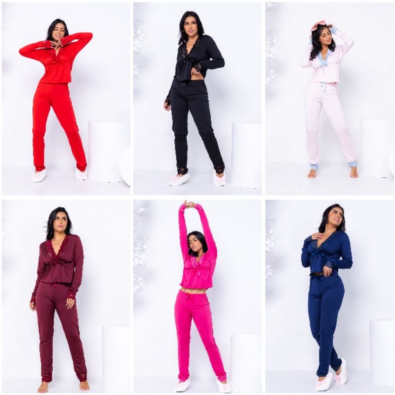 Pijama de Frio LUMU em Liganete c/ Renda em Oferta na Shopee