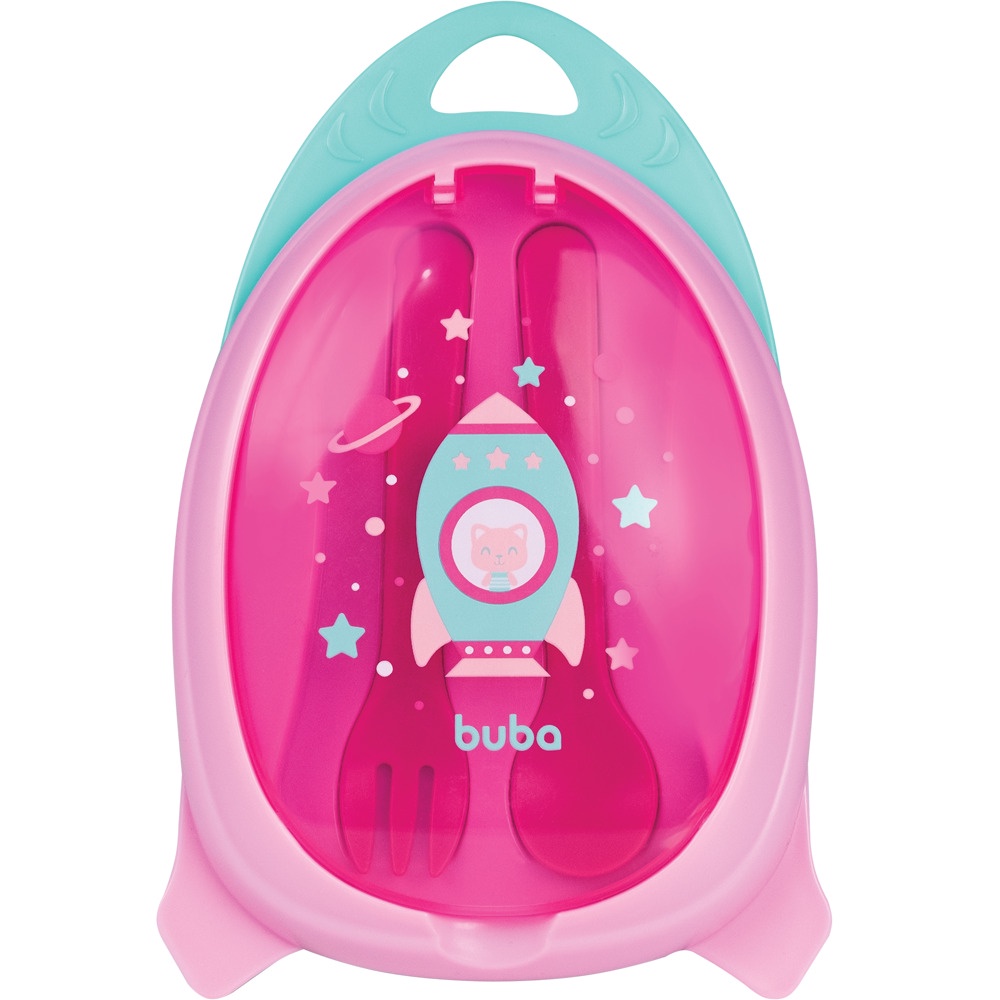 Kit Refeicao Foguete Bebe Infantil Com Divisoria Colher e Garfo Rosa Meninas 13515