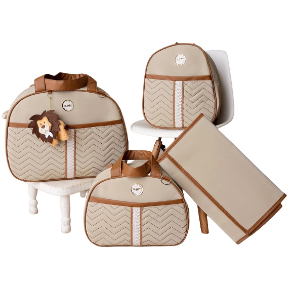 Kit Bolsa Bebê Maternidade 4 Peças Bordado Safári Luxo na cor Bege em Oferta na Shopee