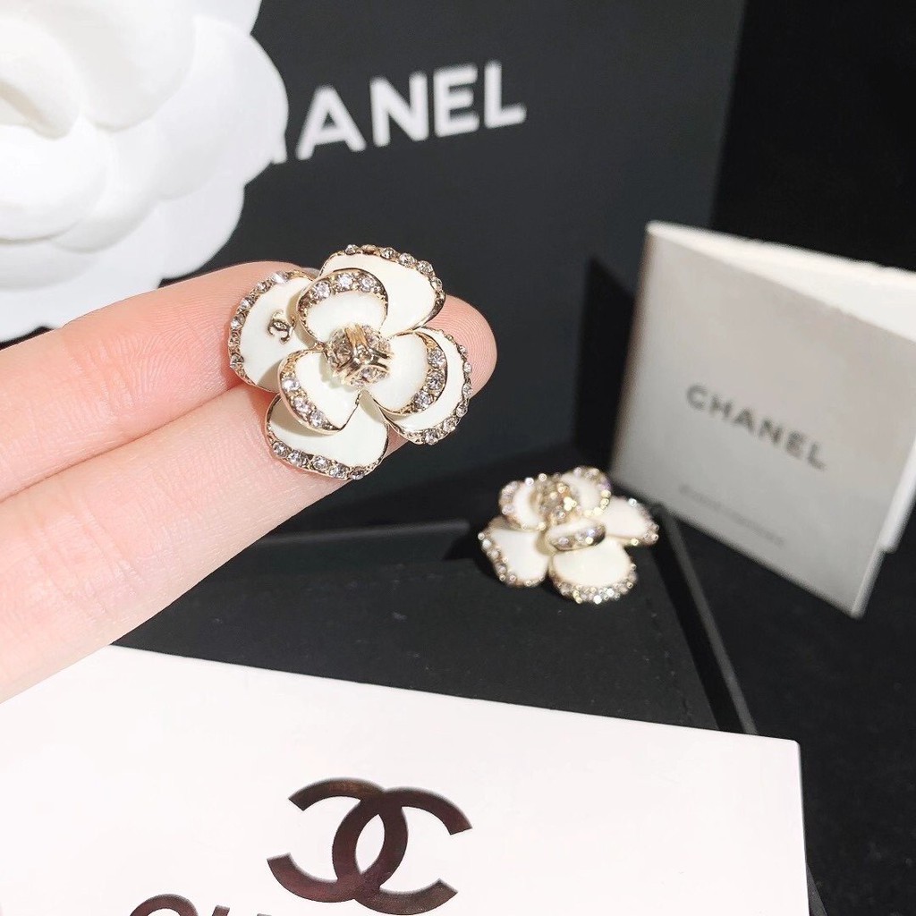 Chanel 21A Gold Pearl White Strass Crystal CC Logo Drop Statement Stud  Earrings