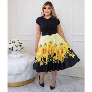 Vestido Godê Preto Com Amarelo Florido com Cinto P Ao G3