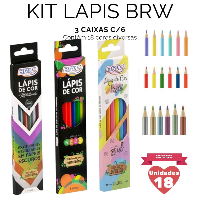 Lapis de Cor Tons Pasteis Metalico Neon Sextavado 6 Cores BRW Lápis de cor Tons Pastel Multi Color EcoLápis com 10 cores