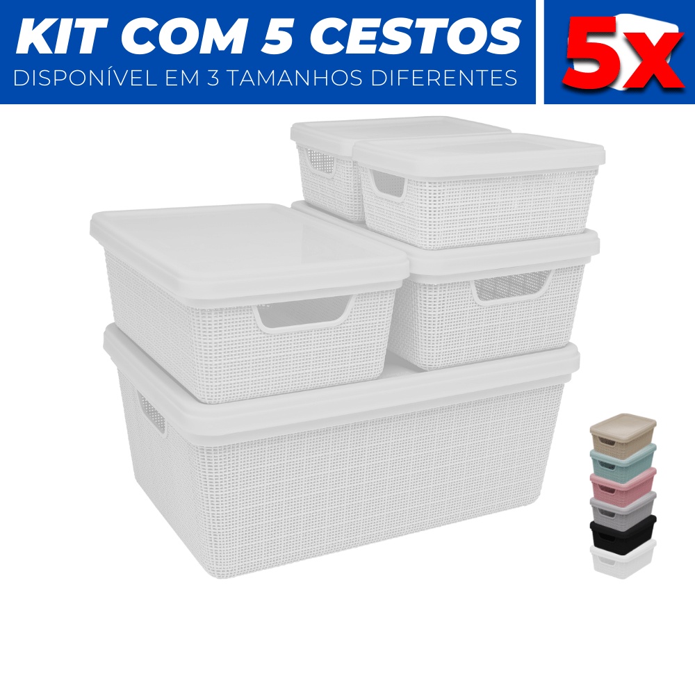 Kit 5 Caixas Cestos Organizador Armario Gaveta Tampa P M G
