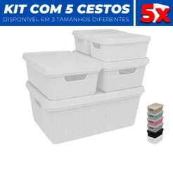 Kit 5 Caixas Cestos Organizador Armario Gaveta Tampa P M G