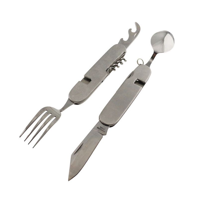 Kit Talher Canivete Multifuncional Dobrável Prático Camping Inox Faca/Garfo/Colher Com Bolsa De Nylon