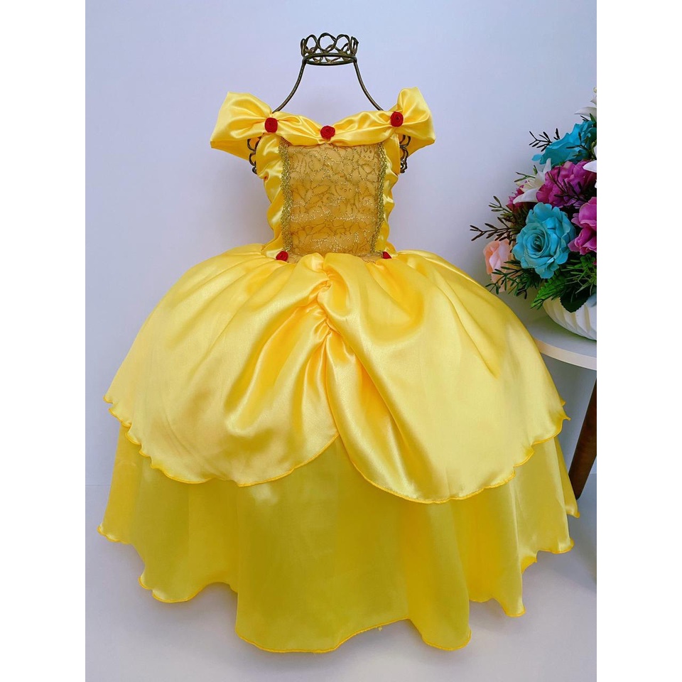 Fantasia Bela e a Fera amarela luxo festa infantil | Shopee Brasil