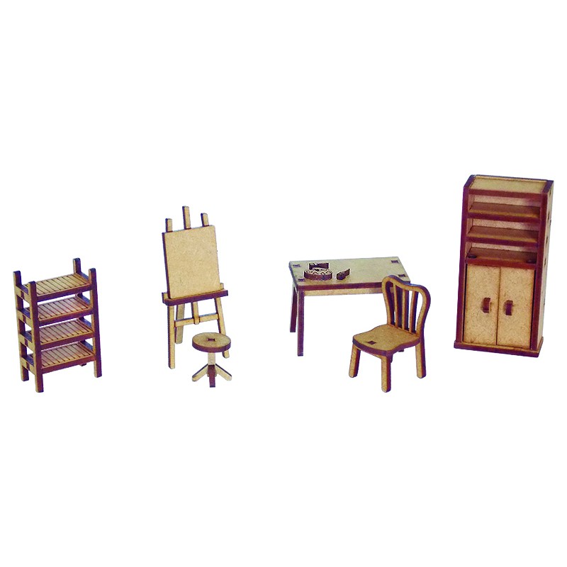 Kit 6 Miniatura Móveis Ateliê Pintura Mdf Mesa Cavalete Banquinho