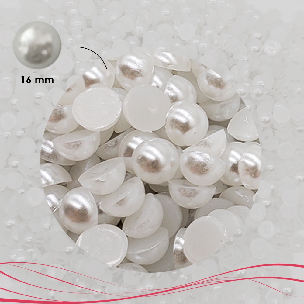 Meia Pérola ABS 16mm Branca 150 unidades Base Reta Sem Furos para Colagem.