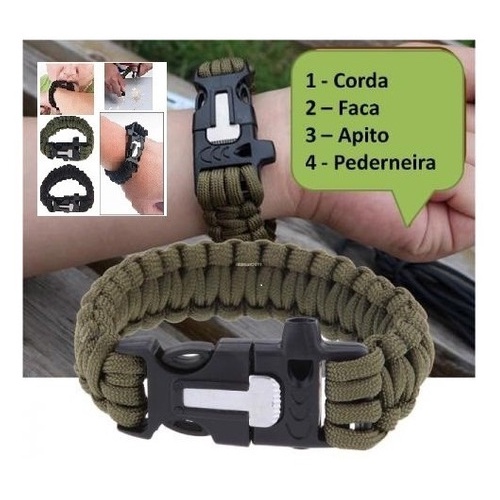 Pulseira Bracelete Paracord 4 Em 1 Tática GERBER Pederneira, Lamina & Apito, Ideal para Sobrevivência