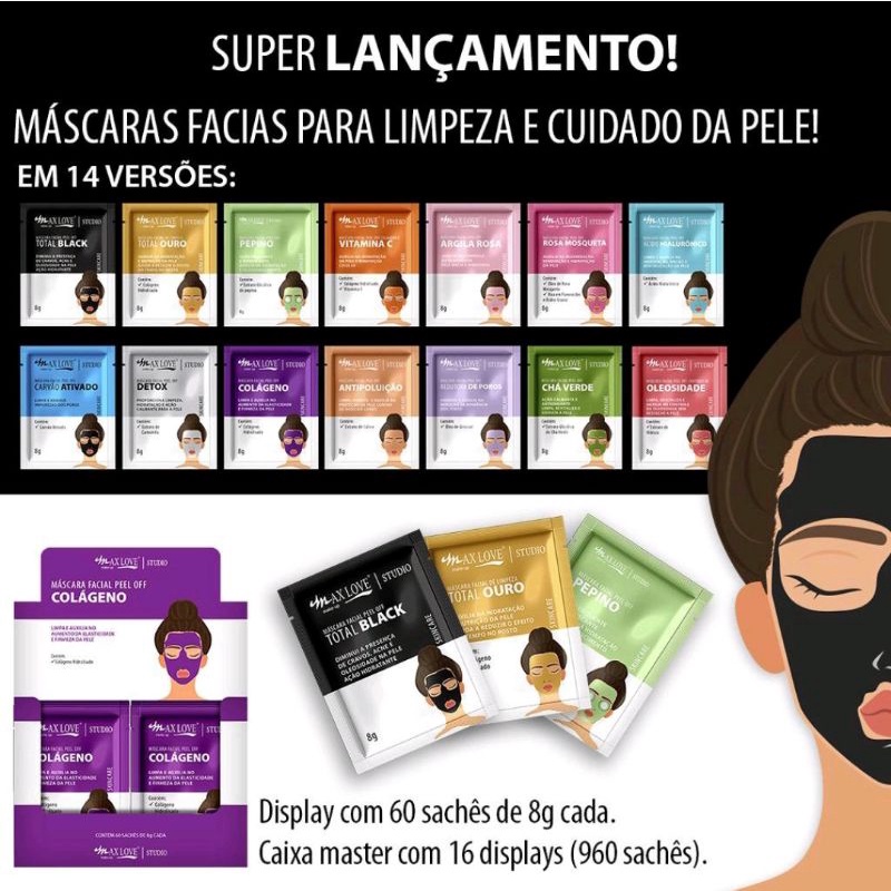 MÁSCARA FACIAL (KIT COM 5) SKIN CARE TRATAMENTO ROSTO MAX LOVE