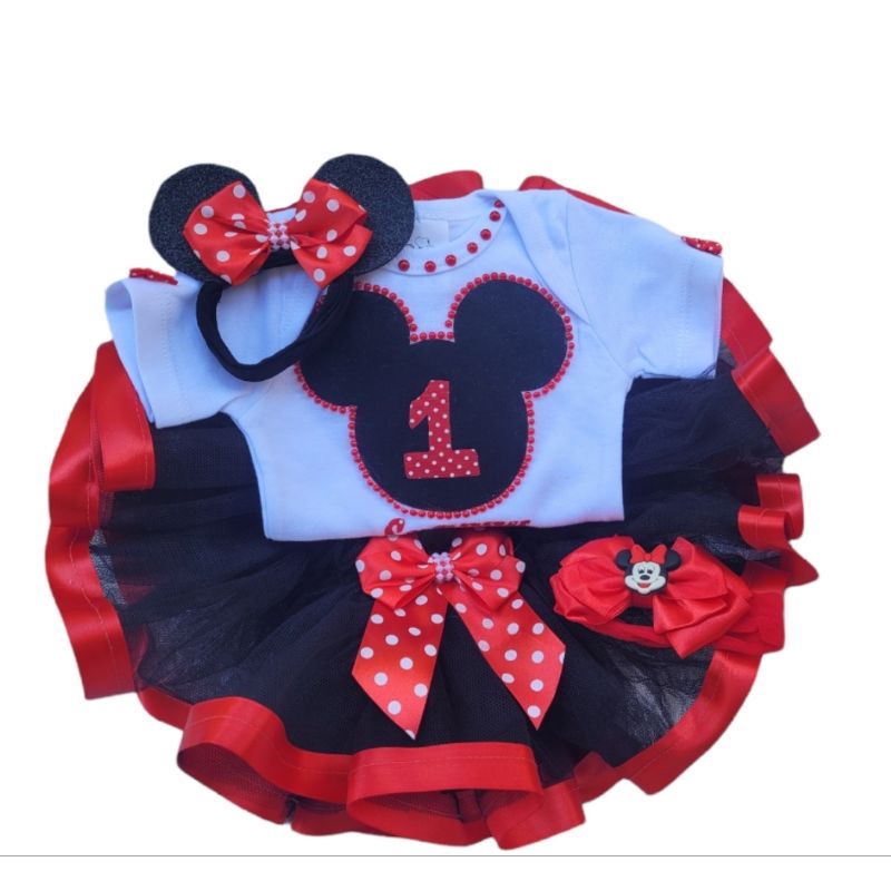 Roupa De Festa Minnie Vermelha Bebê Aniversário Minie saia preta barra vermelha body e acessórios de cabelo minie