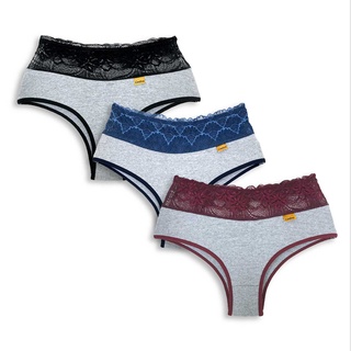 Kit 3 Calcinhas Feminina 100% Algodão com Cós Alto em Renda Transparente Atacado Dyeu Modas