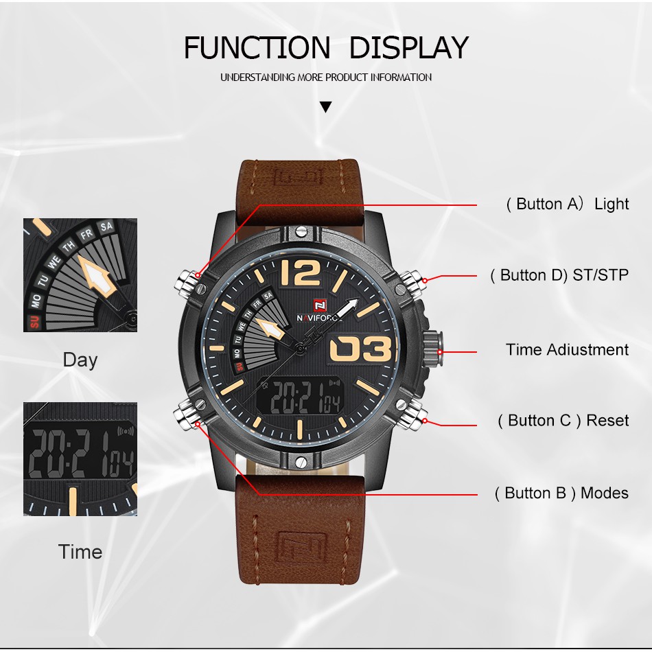 Detalhes do Naviforce 9095 Relógios De Moda Analógicos De Dupla Exibição De Quartzo À Prova D'água Masculinos De Couro